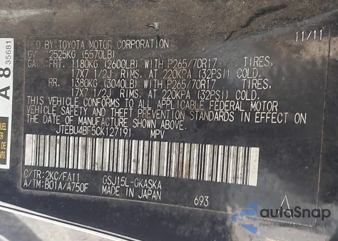 2012 Toyota Fj Cruiser z USA, uszkodzony, nr VIN JTEBU4BF5CK127191